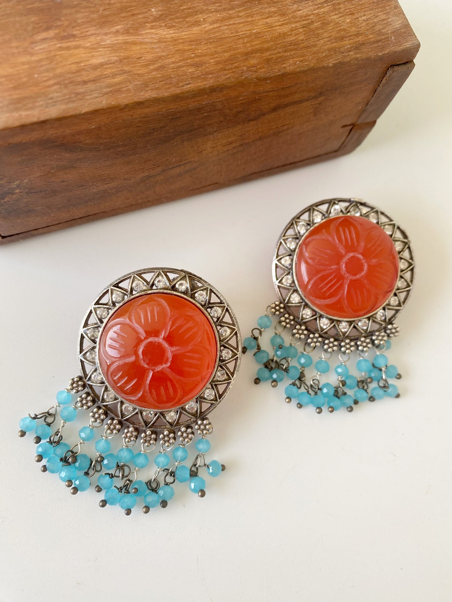 SILVERLOOKALIKE CARVED STONE EARRINGS