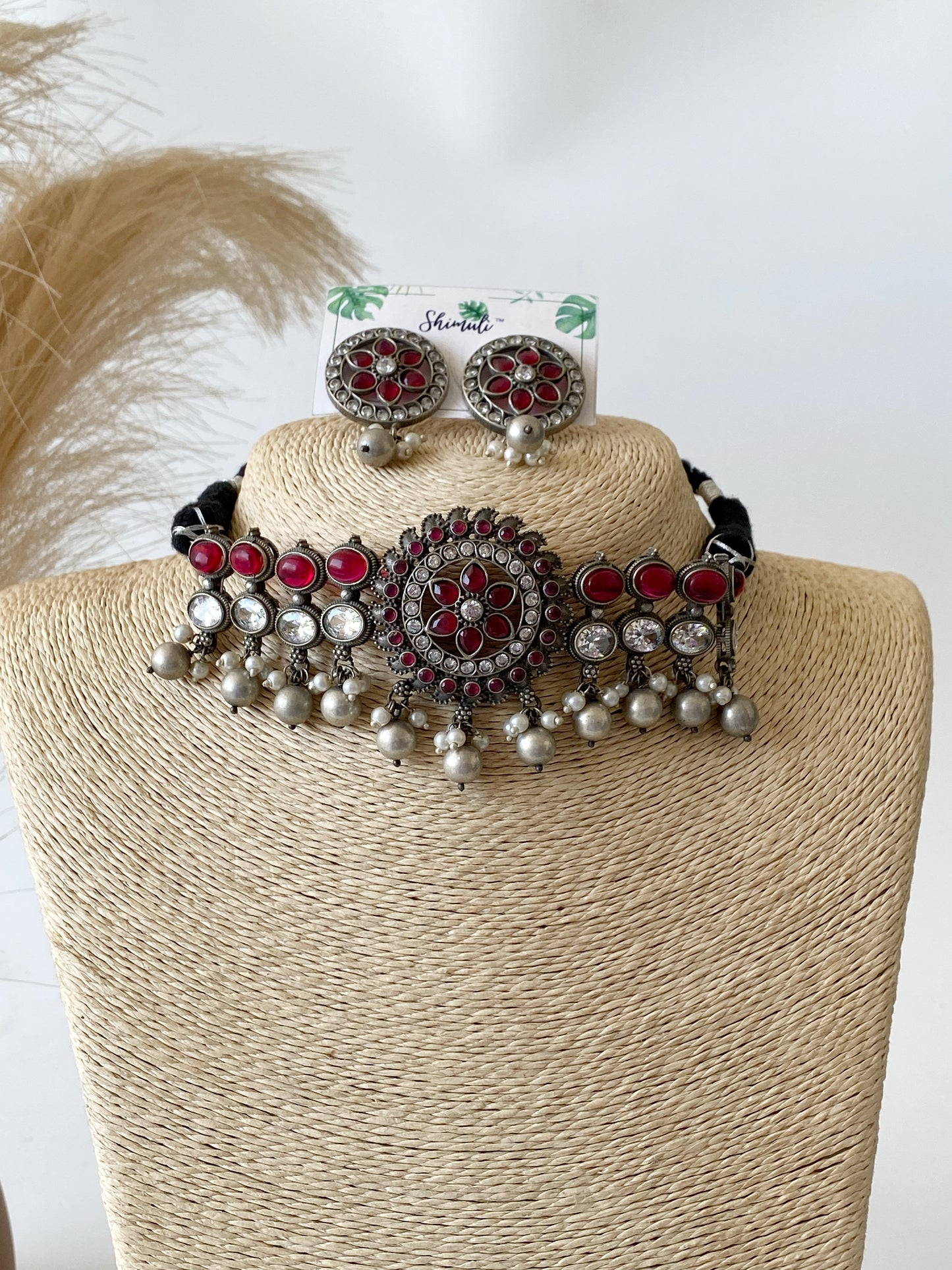SILVERLOOKALIKE STONE CHOKER SET