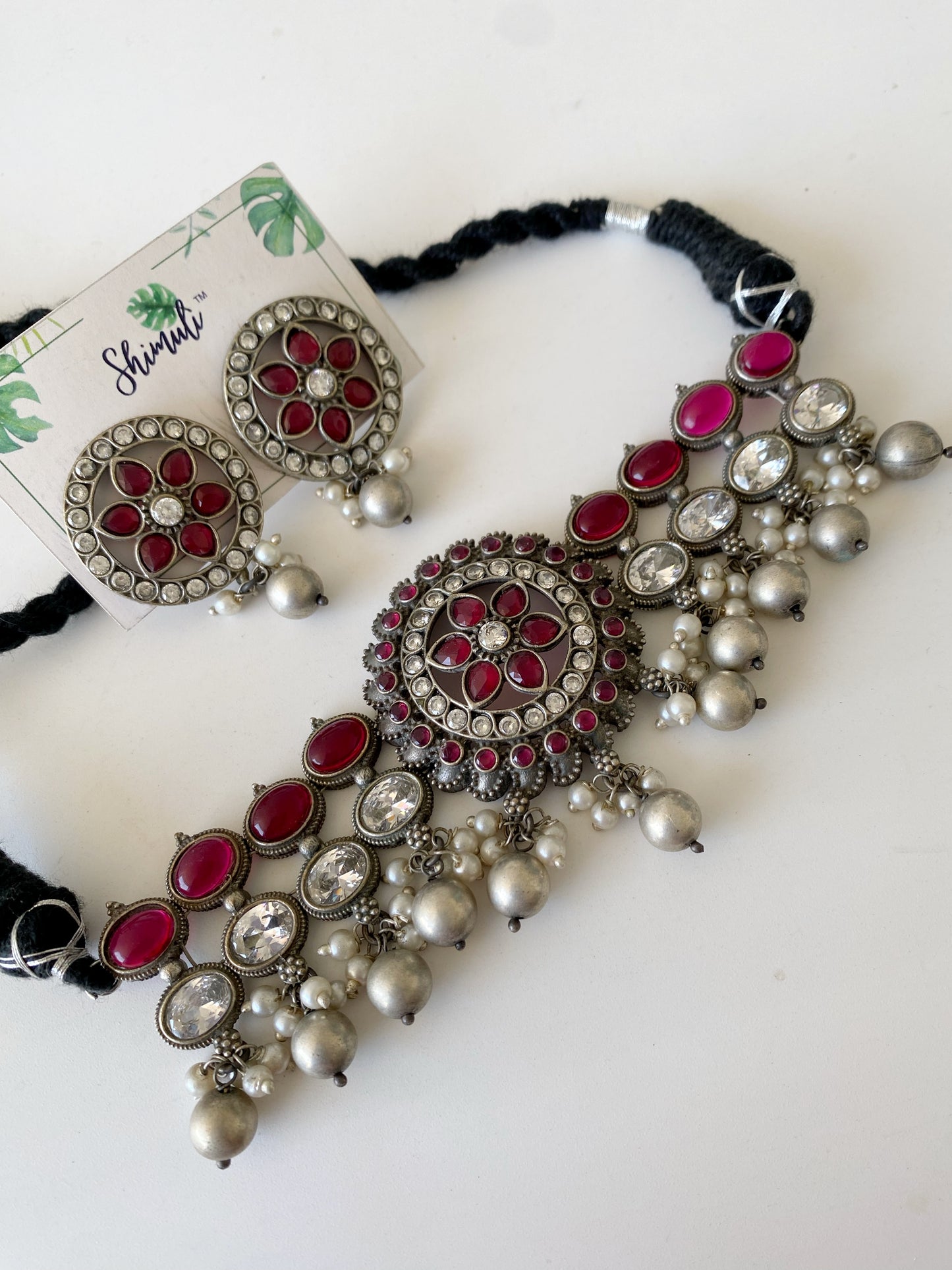 SILVERLOOKALIKE STONE CHOKER SET