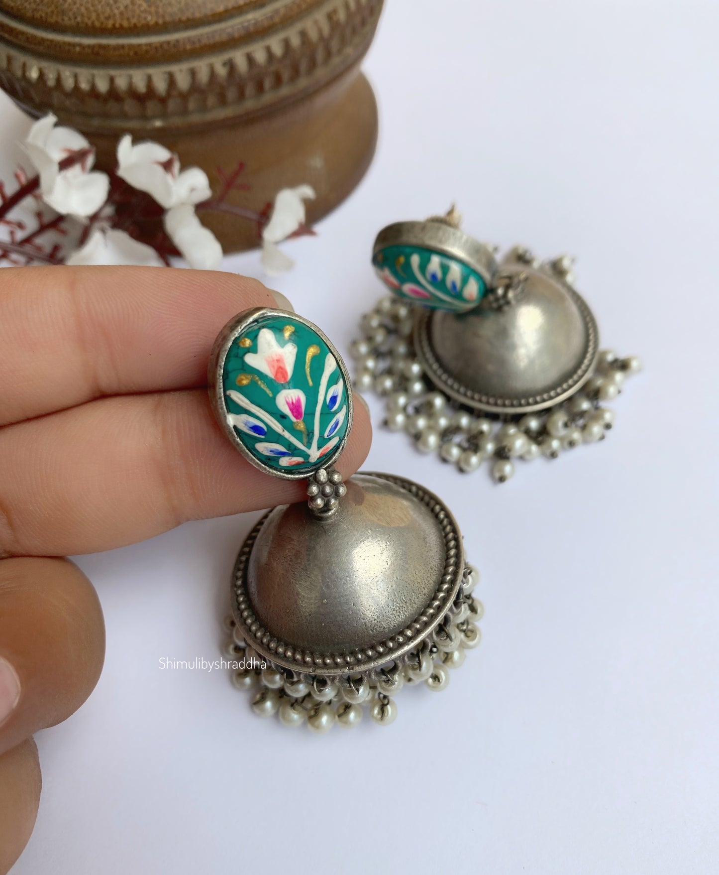 SILVERLOOKALIKE MEENAKARI WORK JHUMKA