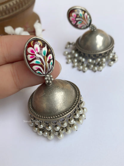 SILVERLOOKALIKE MEENAKARI WORK JHUMKA